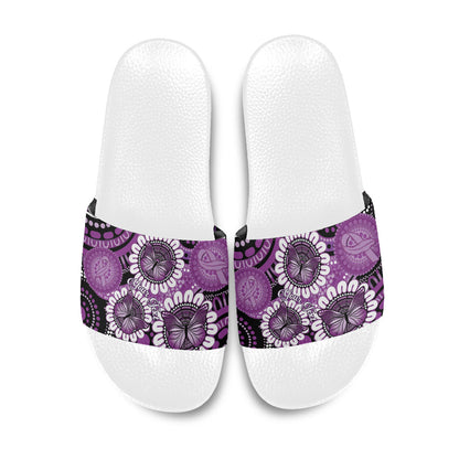 Australia Indigenous Butterflies Personalised Slide Sandals Lupus Support Purple Ribbon Aboriginal Art