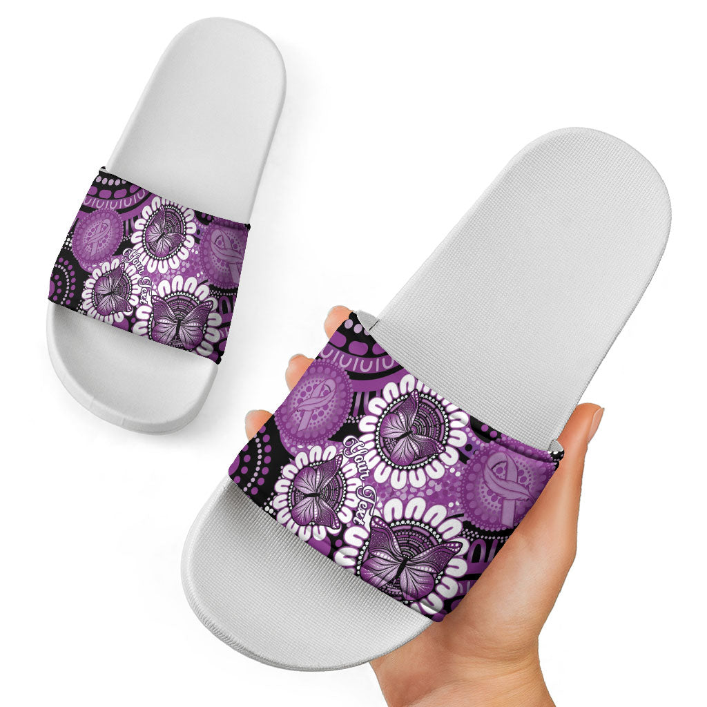 Australia Indigenous Butterflies Personalised Slide Sandals Lupus Support Purple Ribbon Aboriginal Art
