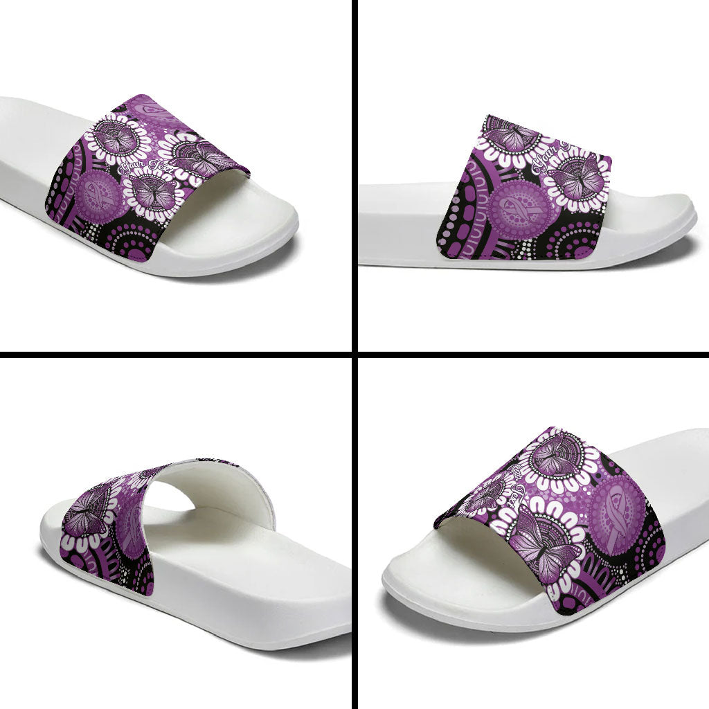 Australia Indigenous Butterflies Personalised Slide Sandals Lupus Support Purple Ribbon Aboriginal Art