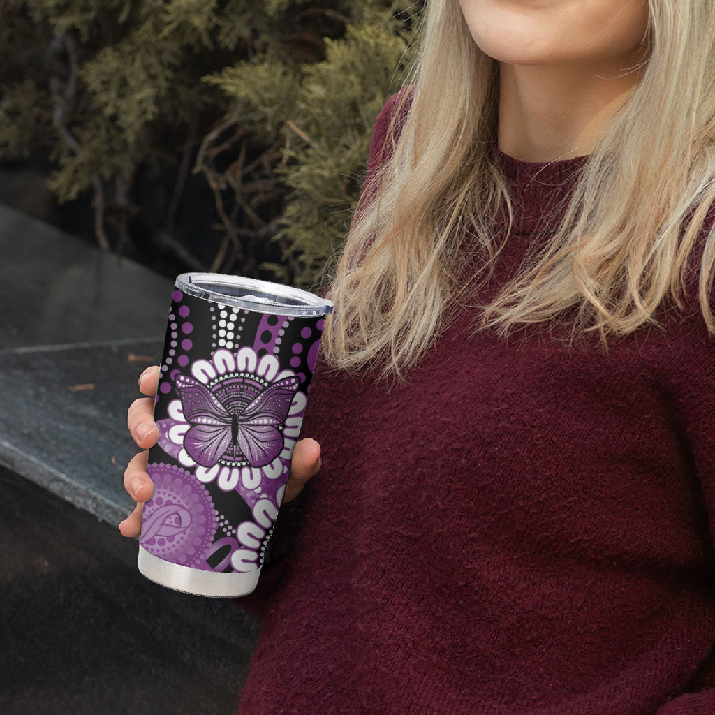 Australia Indigenous Butterflies Personalised Tumbler Cup Lupus Support Purple Ribbon Aboriginal Art
