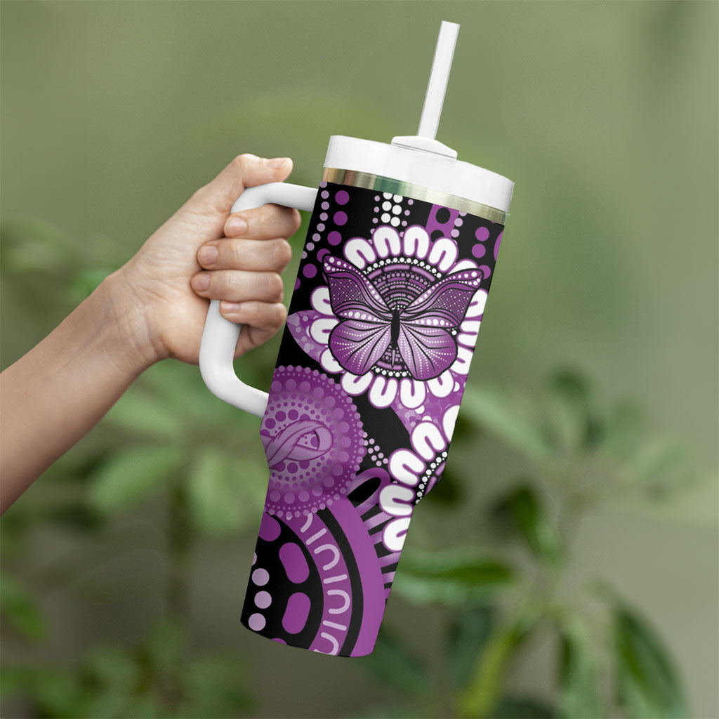 Australia Indigenous Butterflies Personalised Tumbler With Handle Lupus Support Purple Ribbon Aboriginal Art