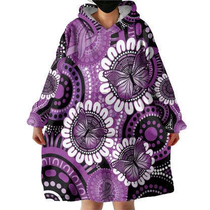 Australia Indigenous Butterflies Personalised Wearable Blanket Hoodie Lupus Support Purple Ribbon Aboriginal Art