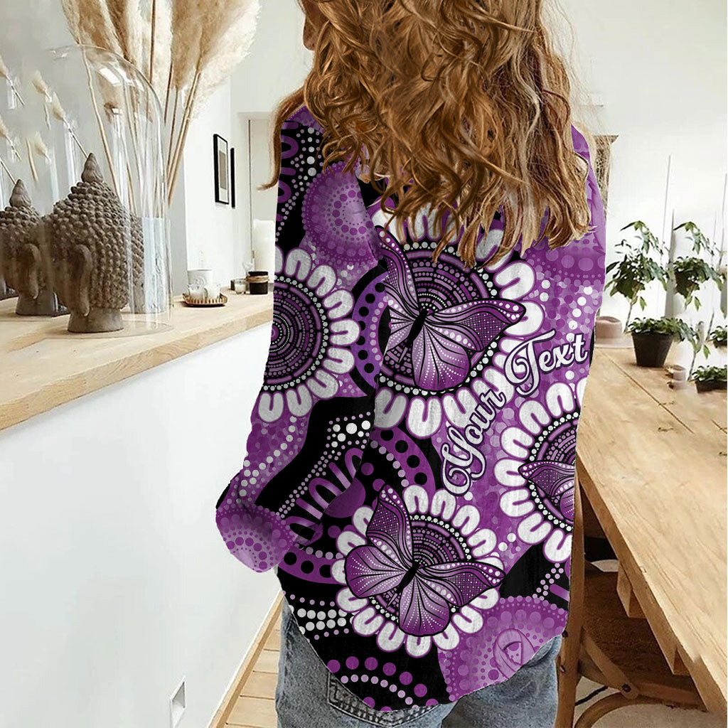 Australia Indigenous Butterflies Personalised Women Casual Shirt Lupus Support Purple Ribbon Aboriginal Art