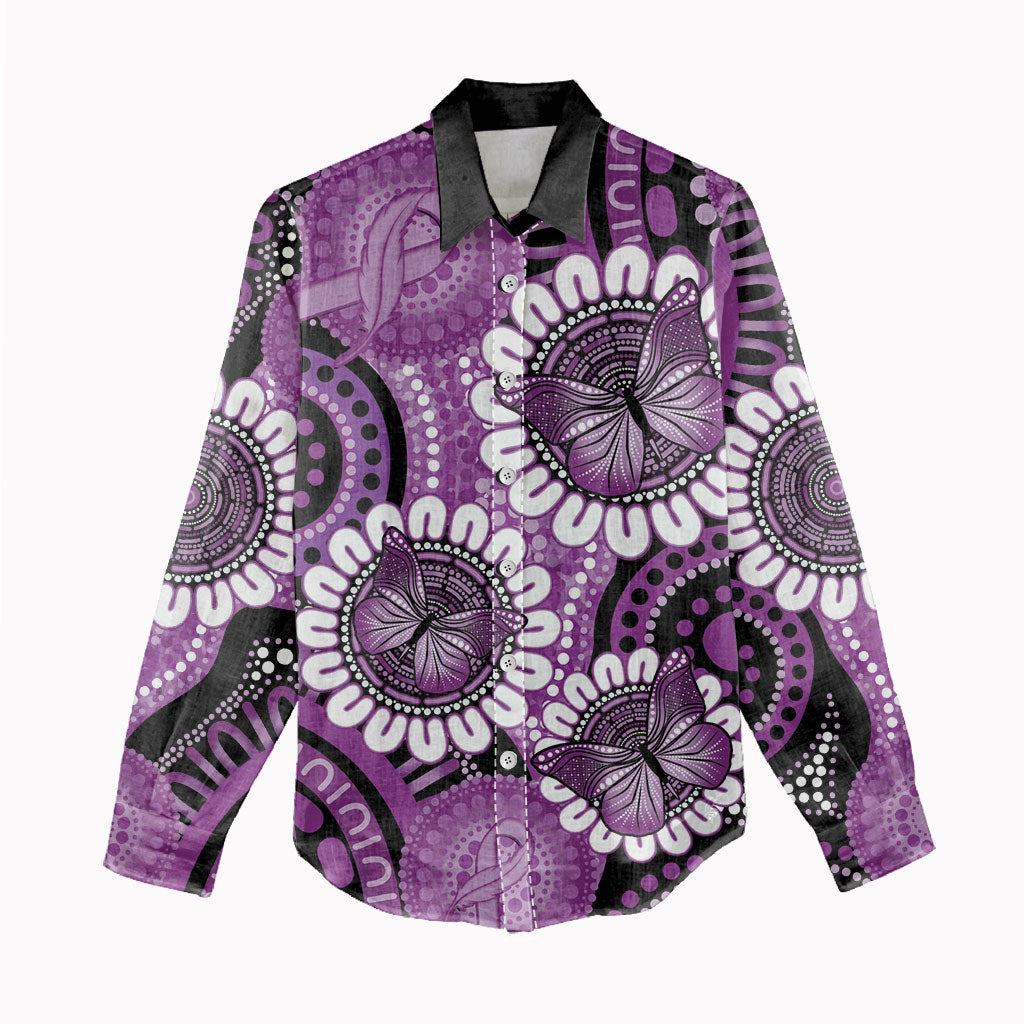 Australia Indigenous Butterflies Personalised Women Casual Shirt Lupus Support Purple Ribbon Aboriginal Art