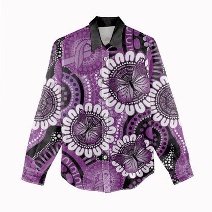 Australia Indigenous Butterflies Personalised Women Casual Shirt Lupus Support Purple Ribbon Aboriginal Art