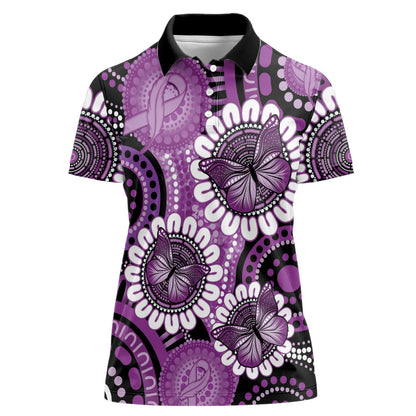 Australia Indigenous Butterflies Personalised Women Polo Shirt Lupus Support Purple Ribbon Aboriginal Art