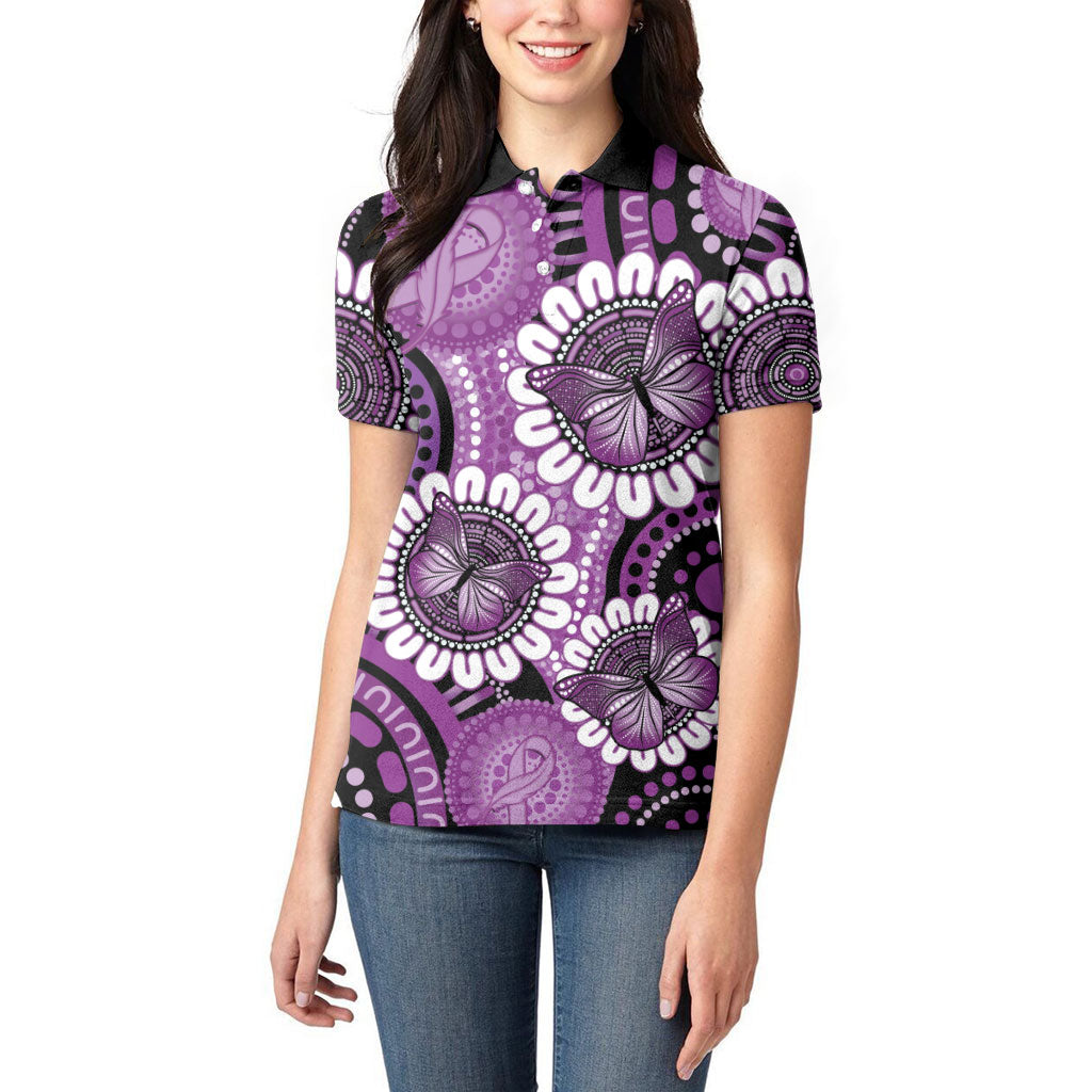 Australia Indigenous Butterflies Personalised Women Polo Shirt Lupus Support Purple Ribbon Aboriginal Art