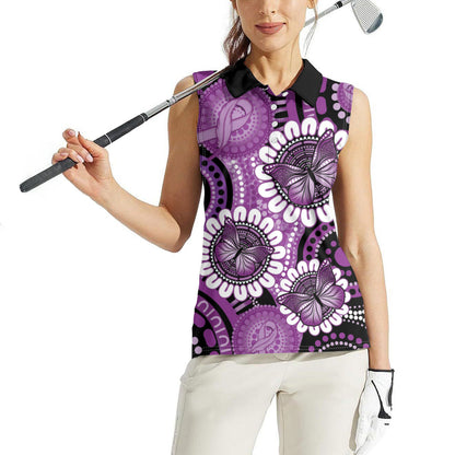 Australia Indigenous Butterflies Personalised Women Sleeveless Polo Shirt Lupus Support Purple Ribbon Aboriginal Art