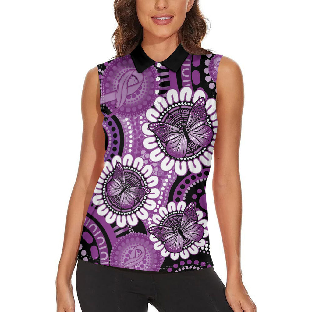 Australia Indigenous Butterflies Personalised Women Sleeveless Polo Shirt Lupus Support Purple Ribbon Aboriginal Art