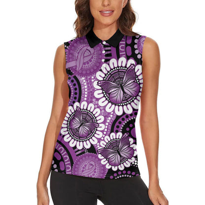 Australia Indigenous Butterflies Personalised Women Sleeveless Polo Shirt Lupus Support Purple Ribbon Aboriginal Art