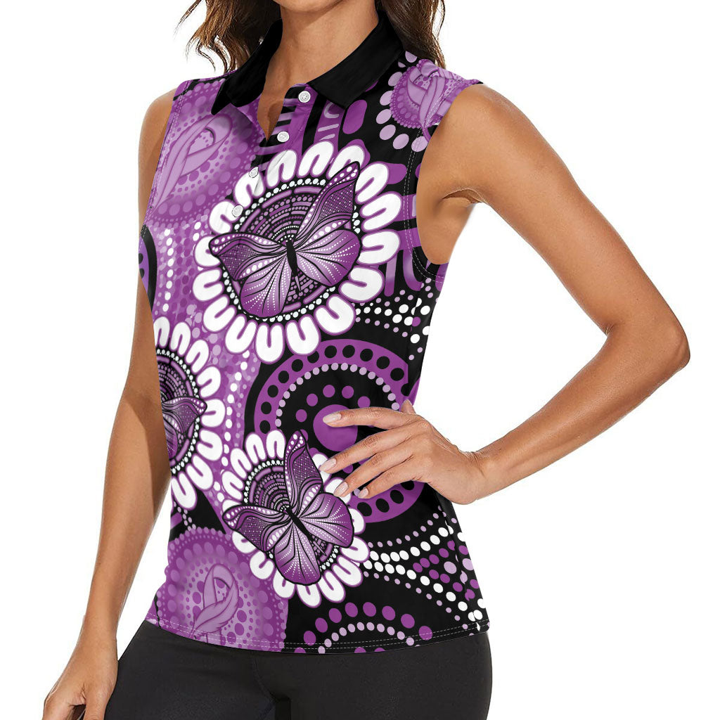 Australia Indigenous Butterflies Personalised Women Sleeveless Polo Shirt Lupus Support Purple Ribbon Aboriginal Art