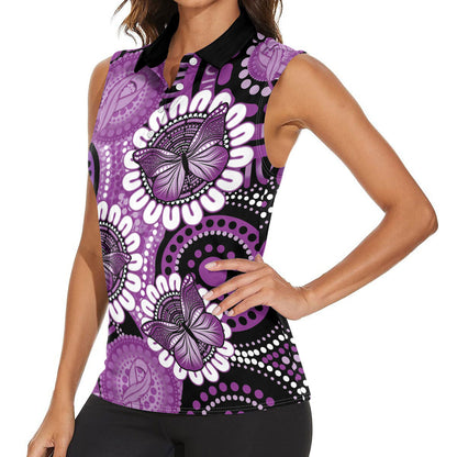 Australia Indigenous Butterflies Personalised Women Sleeveless Polo Shirt Lupus Support Purple Ribbon Aboriginal Art