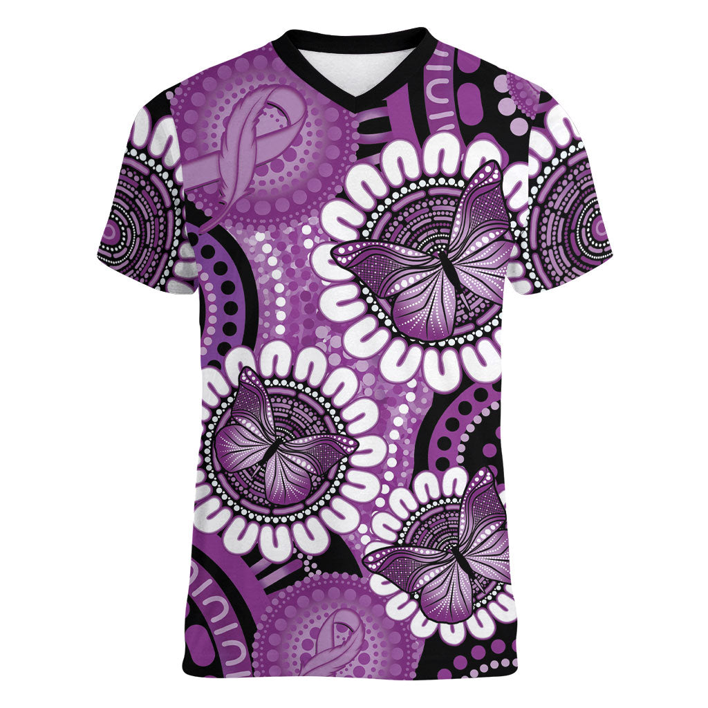 Australia Indigenous Butterflies Personalised Women V-Neck T-Shirt Lupus Support Purple Ribbon Aboriginal Art