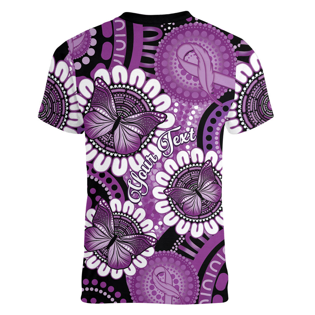 Australia Indigenous Butterflies Personalised Women V-Neck T-Shirt Lupus Support Purple Ribbon Aboriginal Art