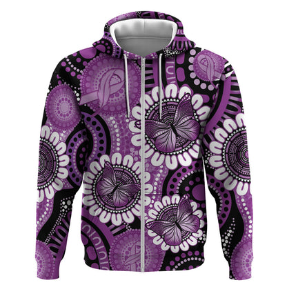 Australia Indigenous Butterflies Personalised Zip Hoodie Lupus Support Purple Ribbon Aboriginal Art