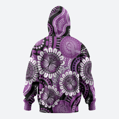 Australia Indigenous Butterflies Personalised Zip Hoodie Lupus Support Purple Ribbon Aboriginal Art