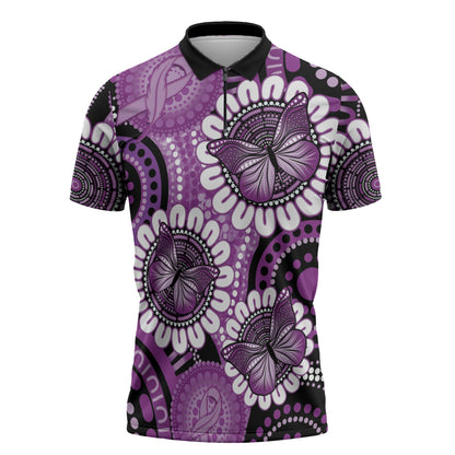 Australia Indigenous Butterflies Personalised Zipper Polo Shirt Lupus Support Purple Ribbon Aboriginal Art