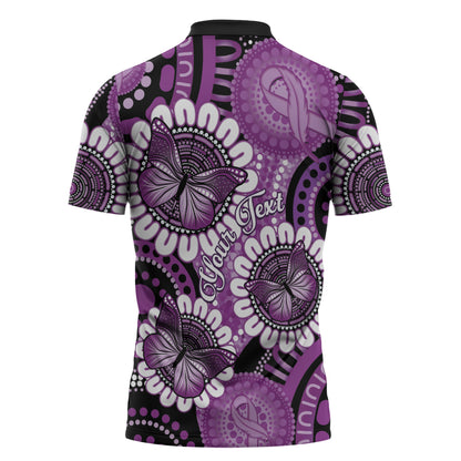 Australia Indigenous Butterflies Personalised Zipper Polo Shirt Lupus Support Purple Ribbon Aboriginal Art