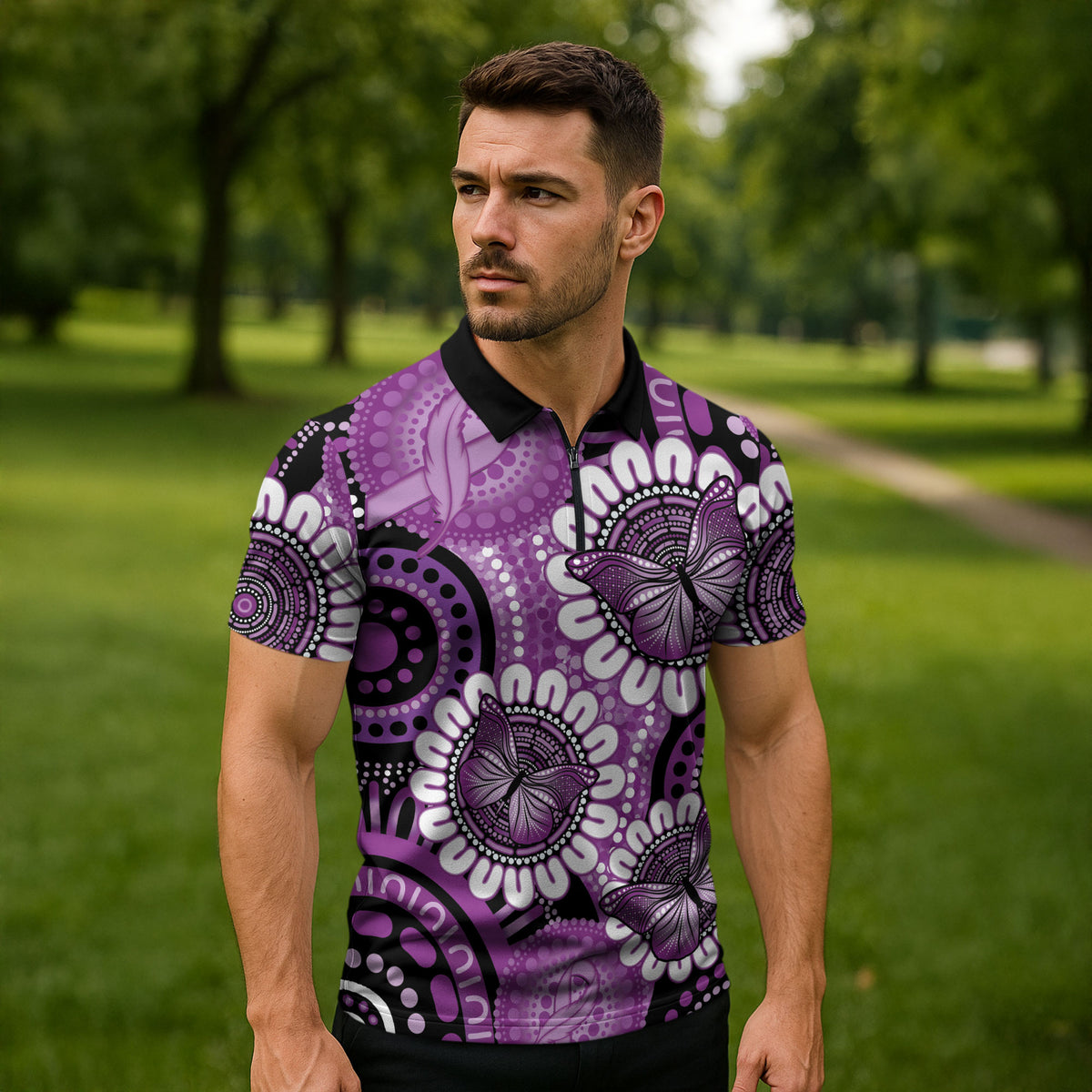 Australia Indigenous Butterflies Personalised Zipper Polo Shirt Lupus Support Purple Ribbon Aboriginal Art