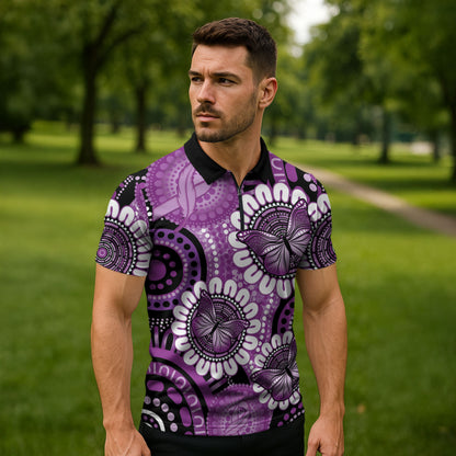 Australia Indigenous Butterflies Personalised Zipper Polo Shirt Lupus Support Purple Ribbon Aboriginal Art
