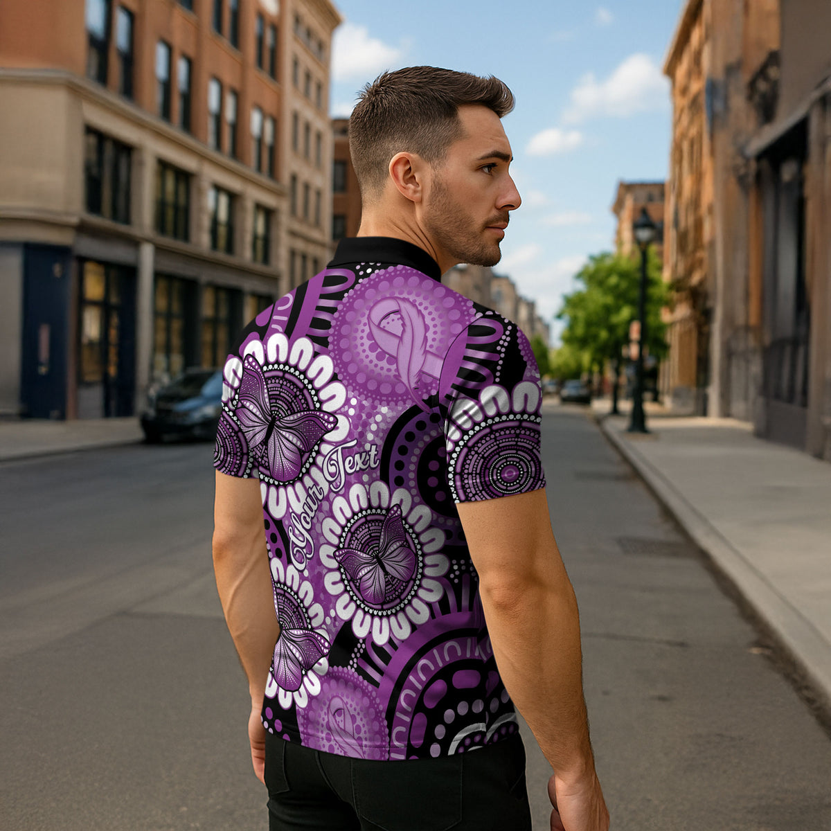 Australia Indigenous Butterflies Personalised Zipper Polo Shirt Lupus Support Purple Ribbon Aboriginal Art