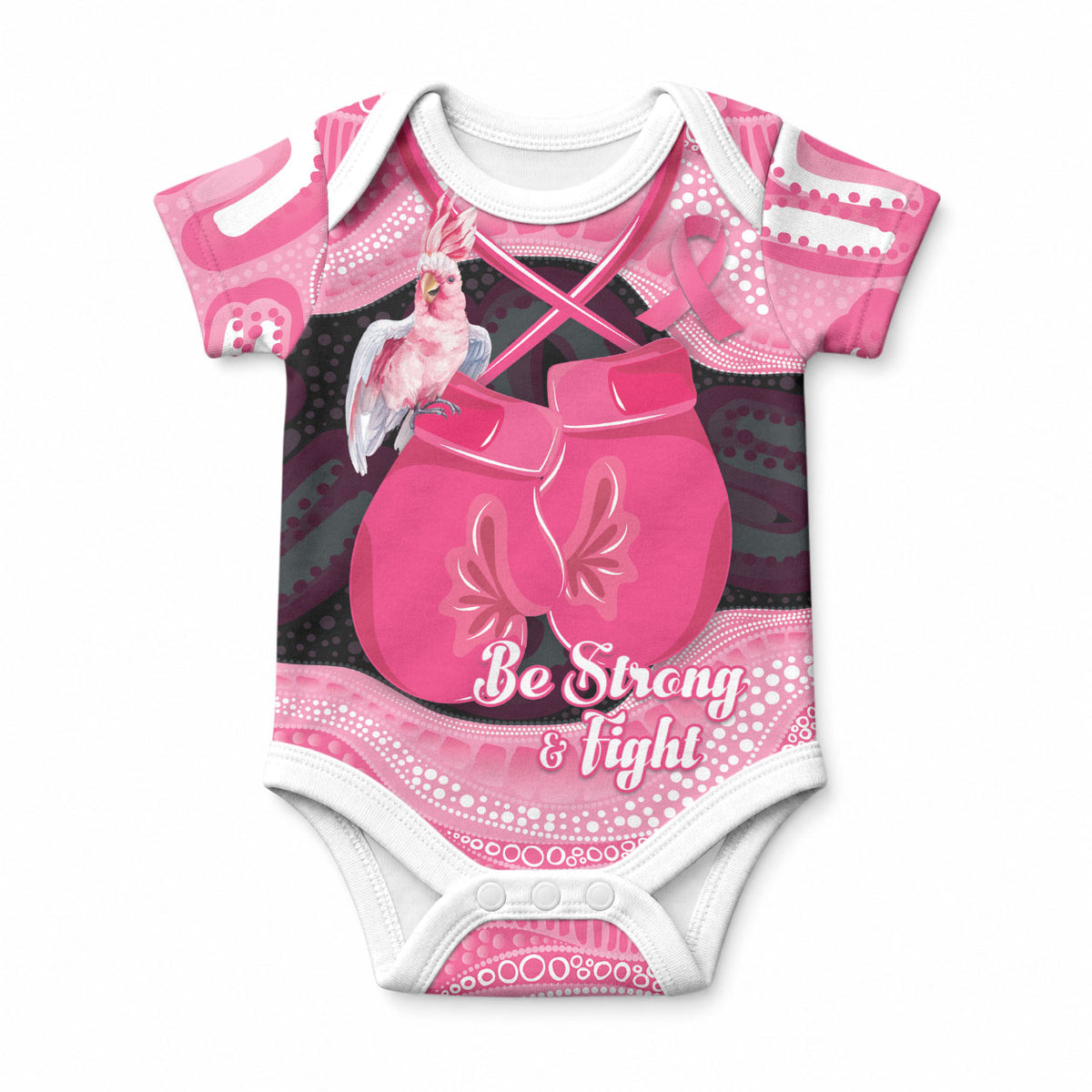 Personalised Australia Breast Cancer Support Baby Onesie Pink Cockatoo Fight Boxing Gloves Aboriginal Art