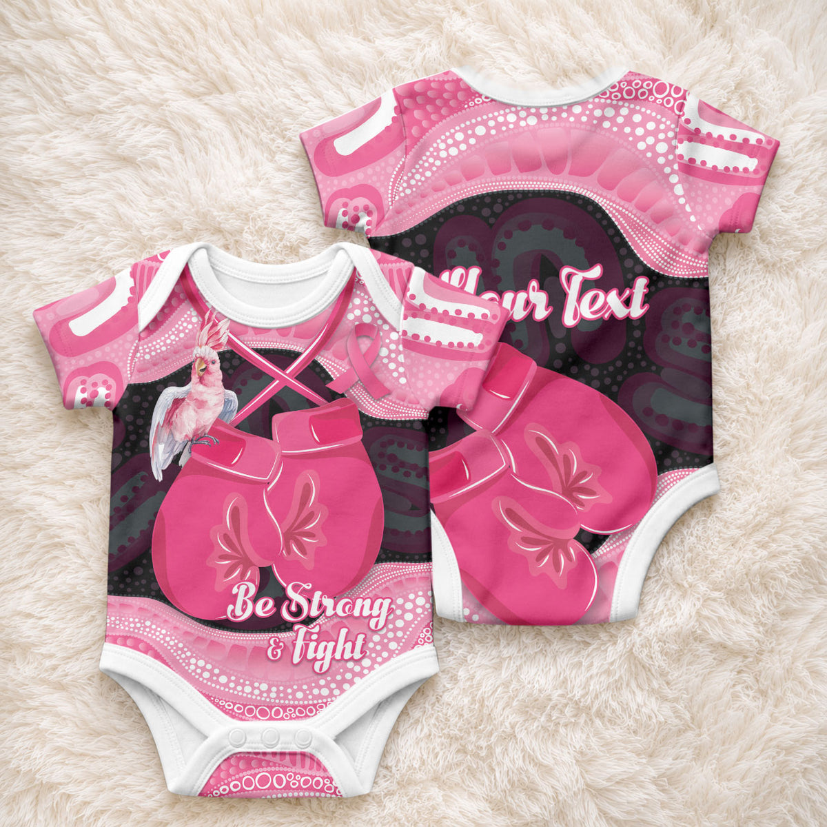 Personalised Australia Breast Cancer Support Baby Onesie Pink Cockatoo Fight Boxing Gloves Aboriginal Art