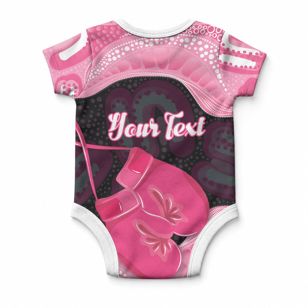 Personalised Australia Breast Cancer Support Baby Onesie Pink Cockatoo Fight Boxing Gloves Aboriginal Art