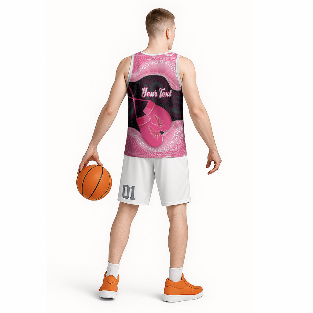 Personalised Australia Breast Cancer Support Basketball Jersey Pink Cockatoo Fight Boxing Gloves Aboriginal Art