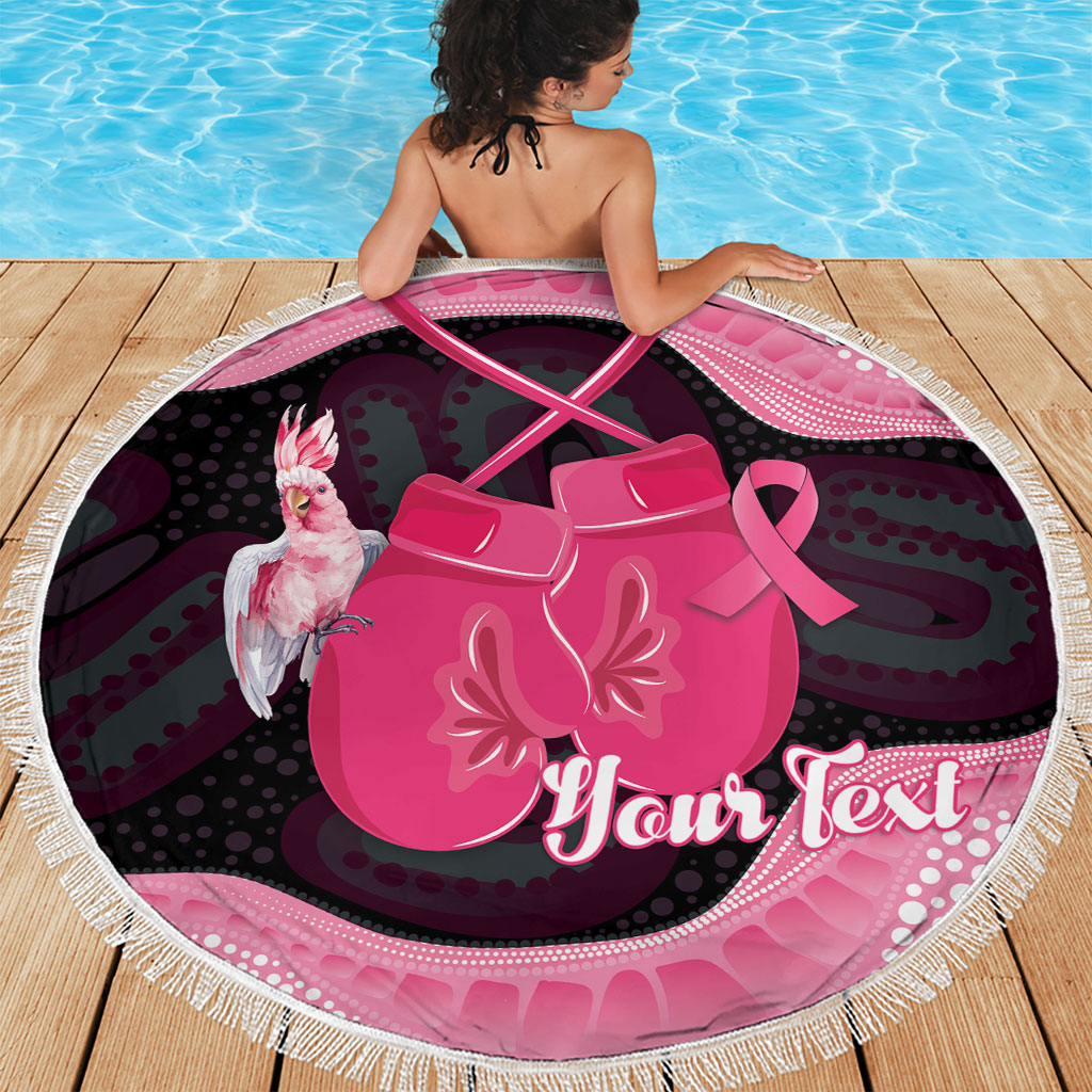 Personalised Australia Breast Cancer Support Beach Blanket Pink Cockatoo Fight Boxing Gloves Aboriginal Art