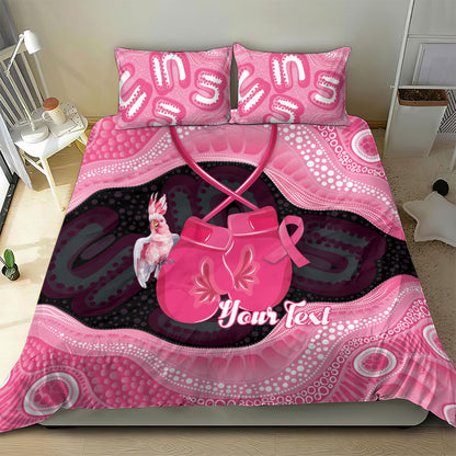 Personalised Australia Breast Cancer Support Bedding Set Pink Cockatoo Fight Boxing Gloves Aboriginal Art