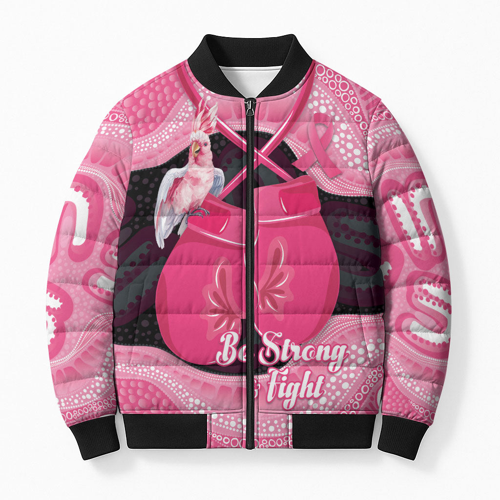 Personalised Australia Breast Cancer Support Bomber Puffer Jacket Pink Cockatoo Fight Boxing Gloves Aboriginal Art