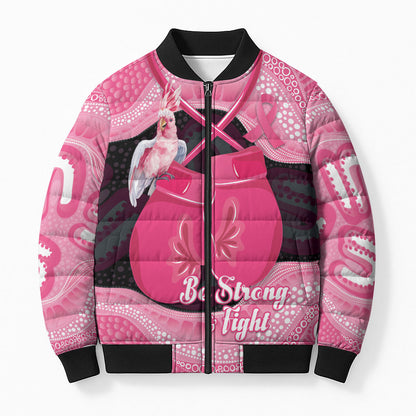 Personalised Australia Breast Cancer Support Bomber Puffer Jacket Pink Cockatoo Fight Boxing Gloves Aboriginal Art
