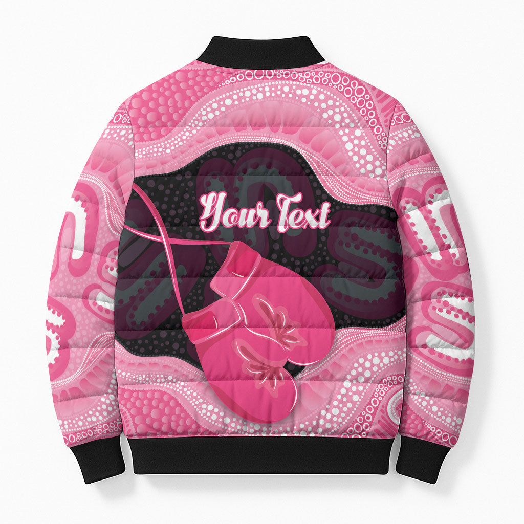 Personalised Australia Breast Cancer Support Bomber Puffer Jacket Pink Cockatoo Fight Boxing Gloves Aboriginal Art