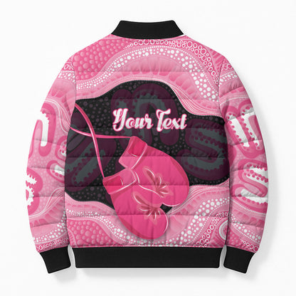 Personalised Australia Breast Cancer Support Bomber Puffer Jacket Pink Cockatoo Fight Boxing Gloves Aboriginal Art