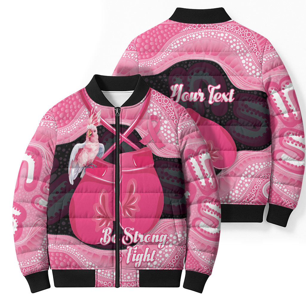 Personalised Australia Breast Cancer Support Bomber Puffer Jacket Pink Cockatoo Fight Boxing Gloves Aboriginal Art