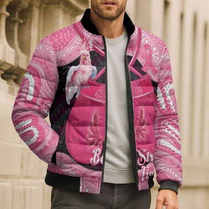 Personalised Australia Breast Cancer Support Bomber Puffer Jacket Pink Cockatoo Fight Boxing Gloves Aboriginal Art