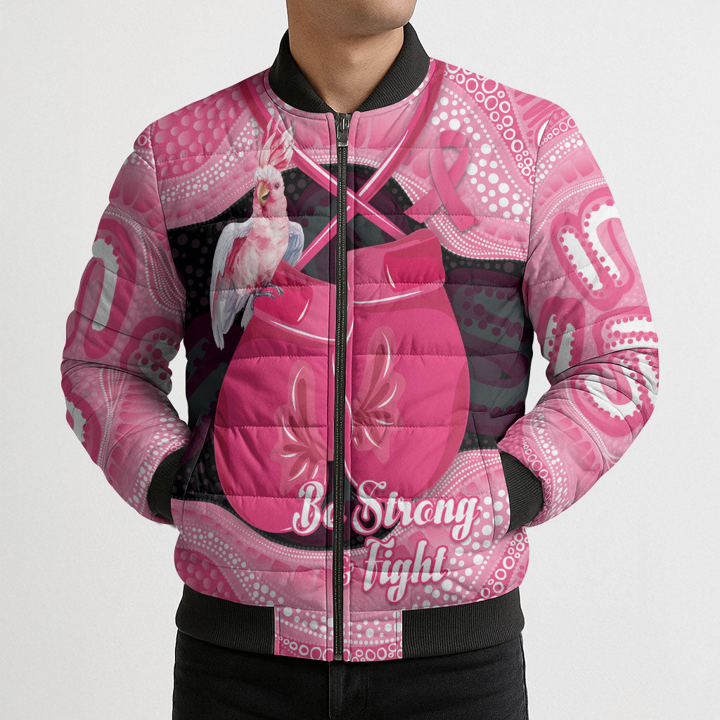 Personalised Australia Breast Cancer Support Bomber Puffer Jacket Pink Cockatoo Fight Boxing Gloves Aboriginal Art