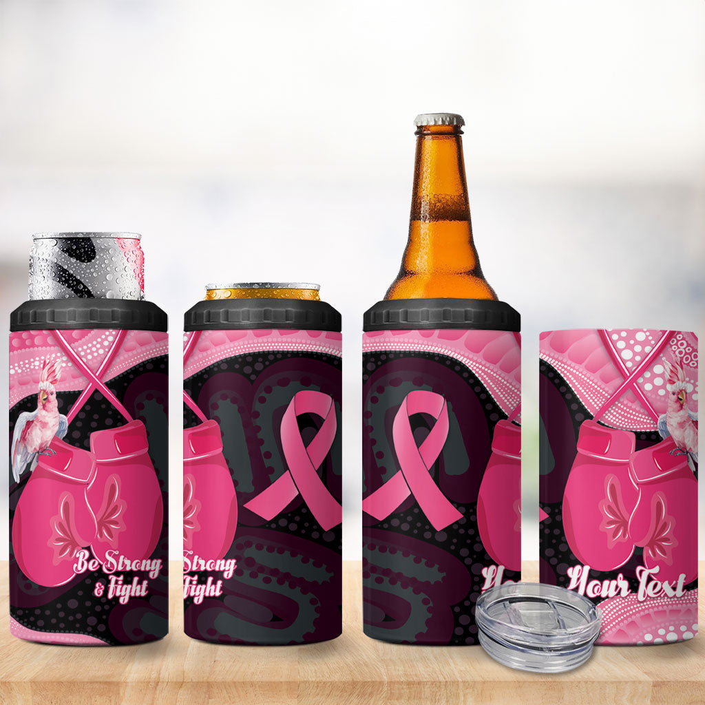Personalised Australia Breast Cancer Support 4 in 1 Can Cooler Tumbler Pink Cockatoo Fight Boxing Gloves Aboriginal Art