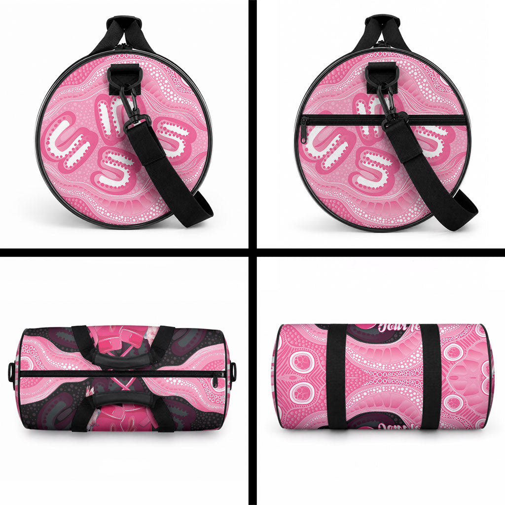 Personalised Australia Breast Cancer Support Duffle Bag Pink Cockatoo Fight Boxing Gloves Aboriginal Art
