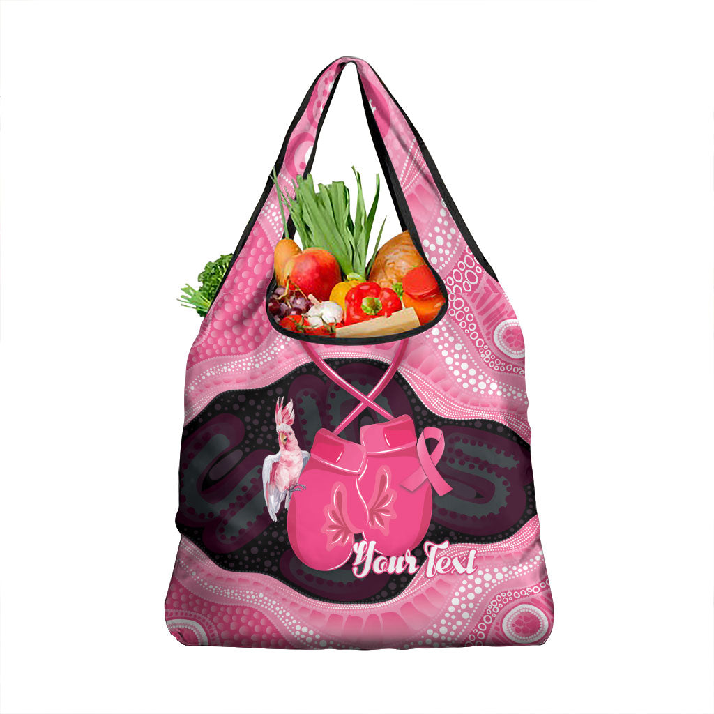 Personalised Australia Breast Cancer Support Grocery Bag Pink Cockatoo Fight Boxing Gloves Aboriginal Art