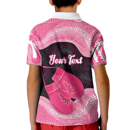 Personalised Australia Breast Cancer Support Kid Polo Shirt Pink Cockatoo Fight Boxing Gloves Aboriginal Art