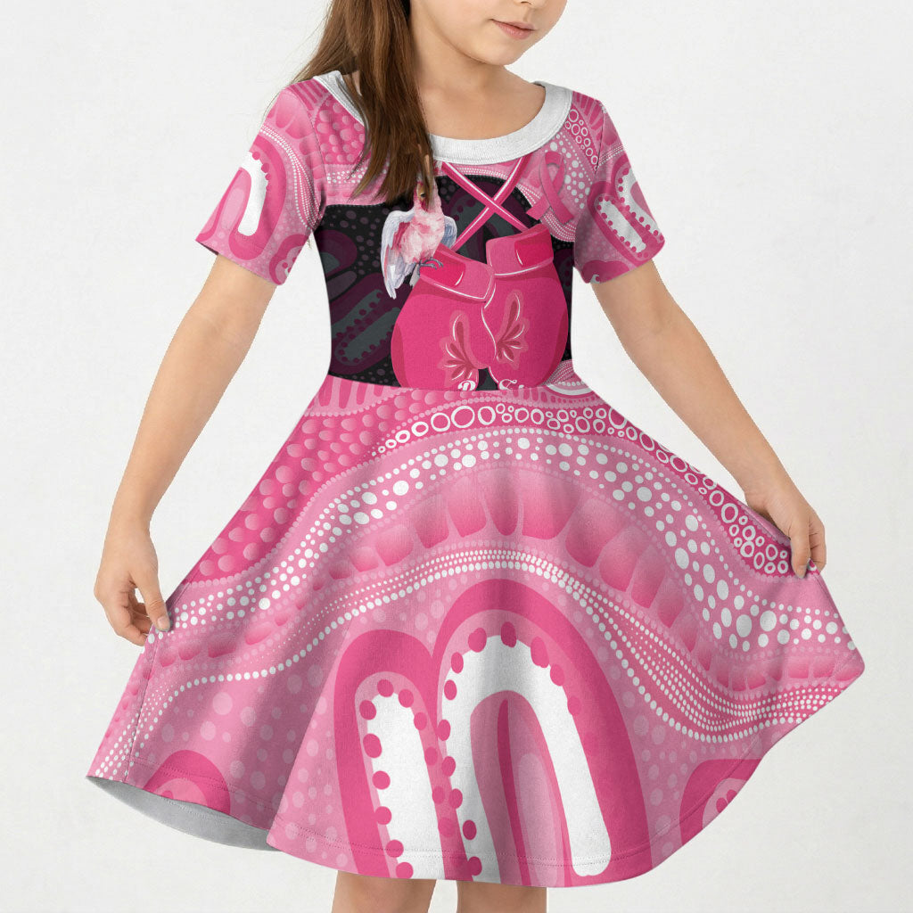 Personalised Australia Breast Cancer Support Kid Short Sleeve Dress Pink Cockatoo Fight Boxing Gloves Aboriginal Art