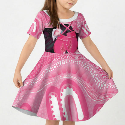 Personalised Australia Breast Cancer Support Kid Short Sleeve Dress Pink Cockatoo Fight Boxing Gloves Aboriginal Art