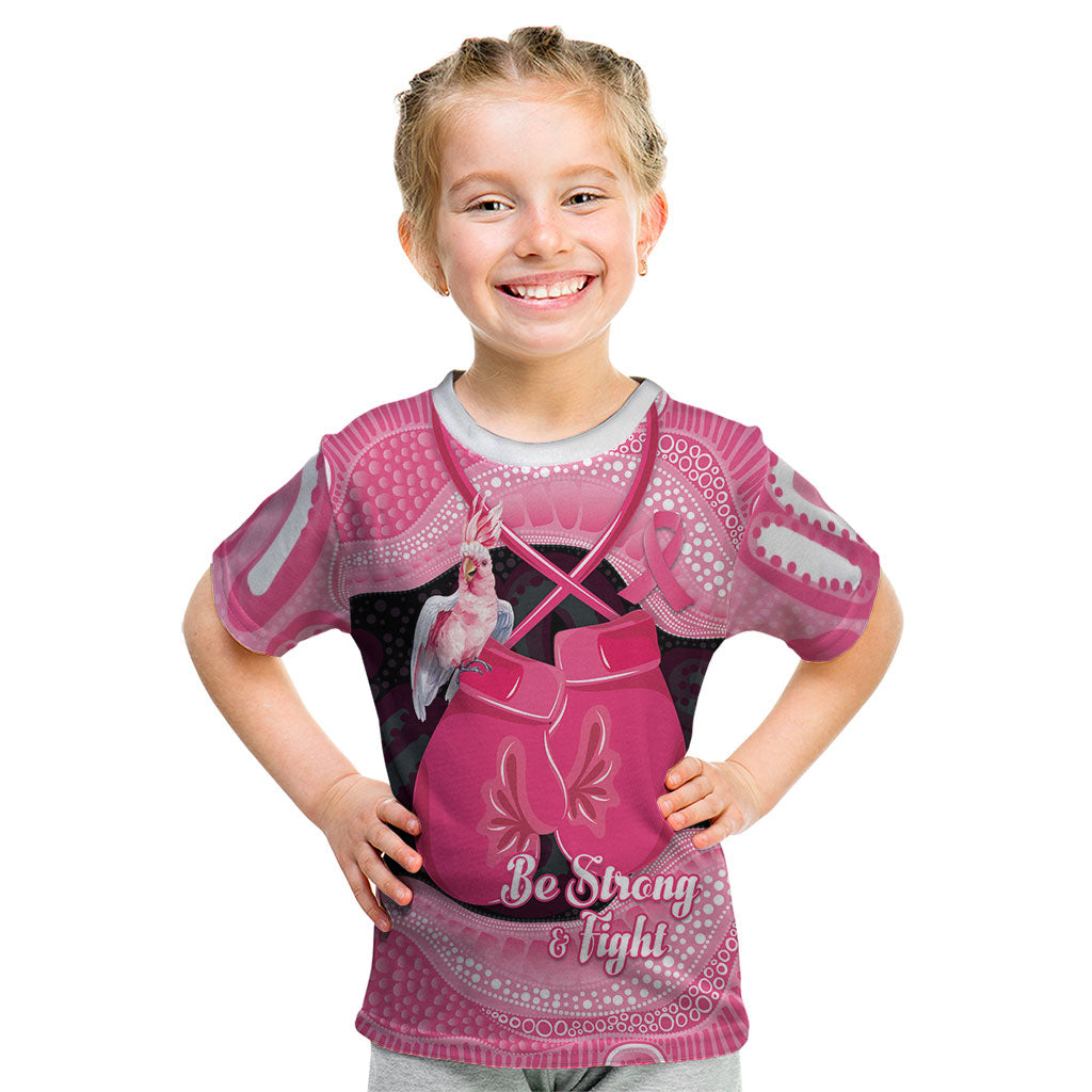 Personalised Australia Breast Cancer Support Kid T Shirt Pink Cockatoo Fight Boxing Gloves Aboriginal Art