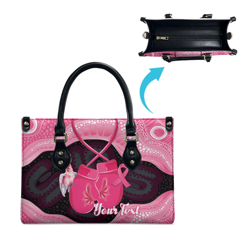 Personalised Australia Breast Cancer Support Leather Bag Pink Cockatoo Fight Boxing Gloves Aboriginal Art