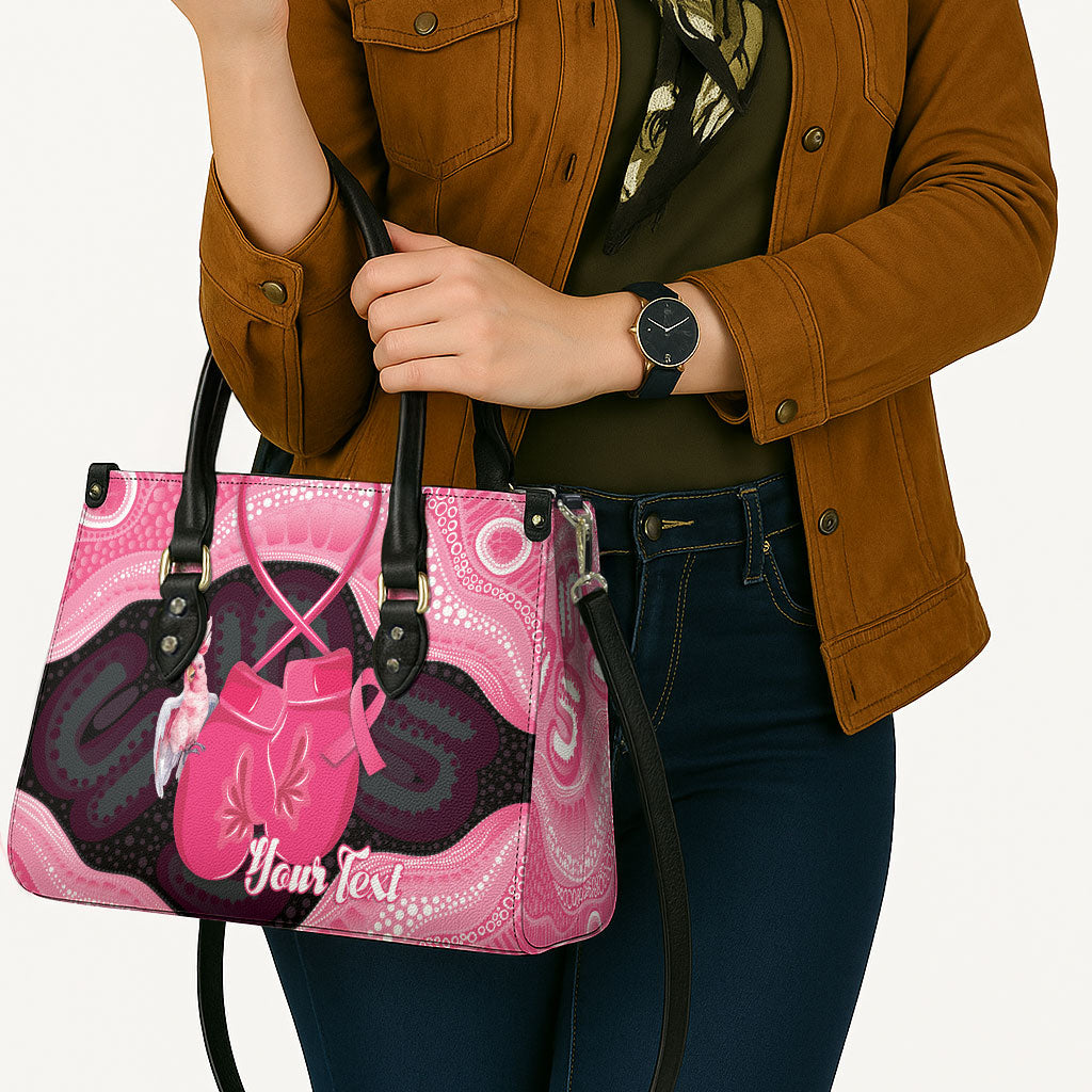 Personalised Australia Breast Cancer Support Leather Bag Pink Cockatoo Fight Boxing Gloves Aboriginal Art