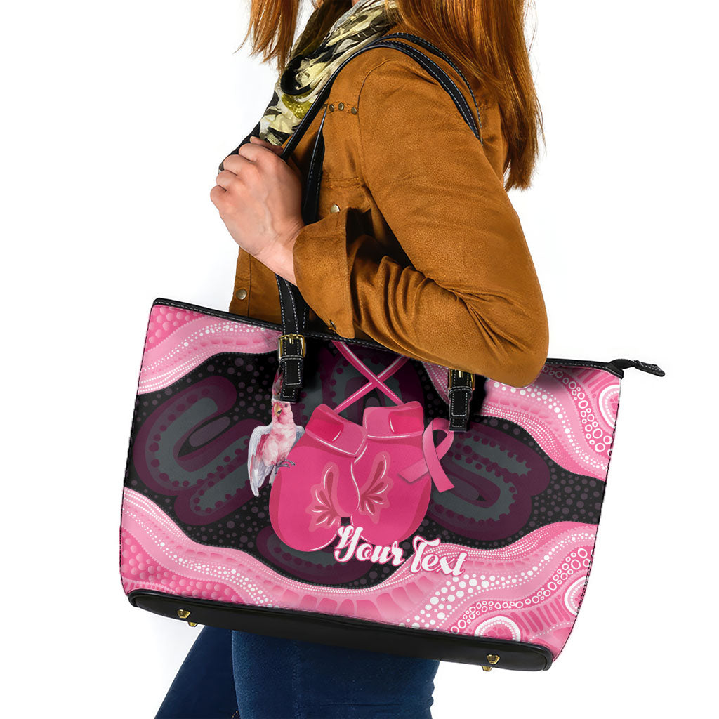 Personalised Australia Breast Cancer Support Leather Tote Bag Pink Cockatoo Fight Boxing Gloves Aboriginal Art
