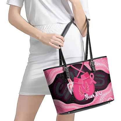 Personalised Australia Breast Cancer Support Leather Tote Bag Pink Cockatoo Fight Boxing Gloves Aboriginal Art