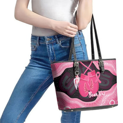 Personalised Australia Breast Cancer Support Leather Tote Bag Pink Cockatoo Fight Boxing Gloves Aboriginal Art